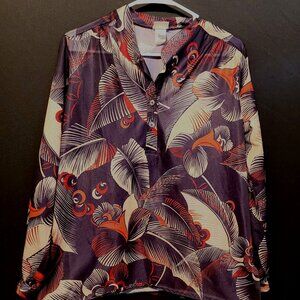Vintage Blouse Goldie California Size Med Brown Feather Print Polyester USA